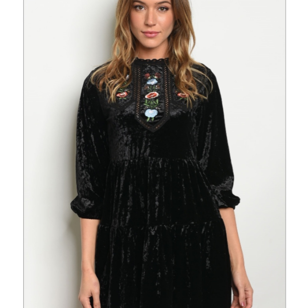 Black Crushed Velvet Boho Hippie Dress
